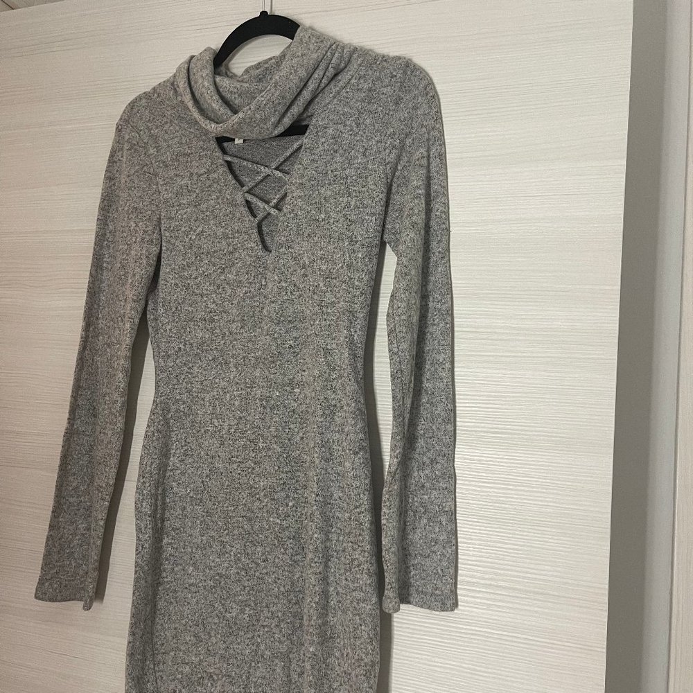 Grey Turtleneck Bodycon Sweater Dress with Cutout